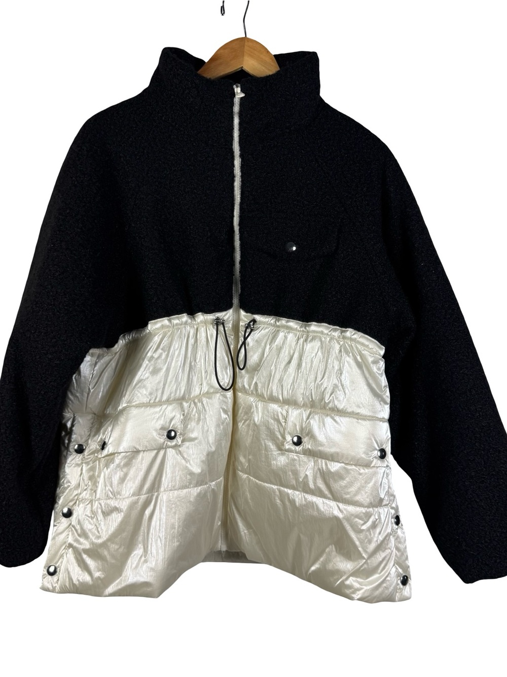 NWT Anthropologie Maeve Oversized Nylon Shearling Jacket Black White Small $168
